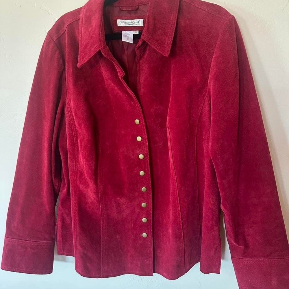 Red suede button up jacket with brass  buttons by Coldwater creek